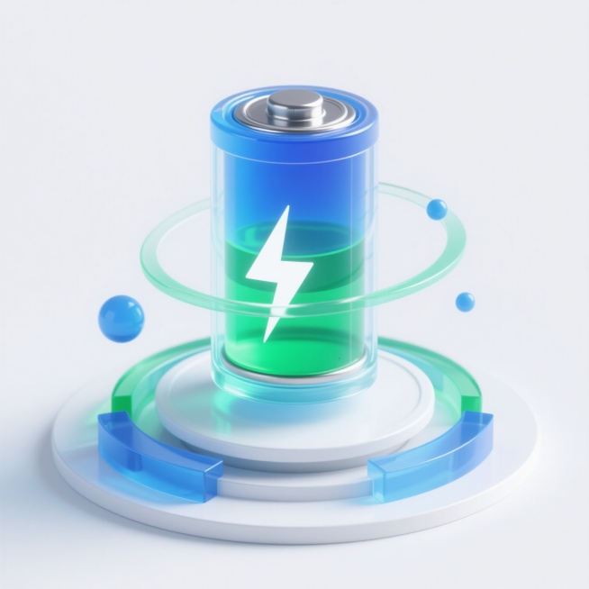 未来科技感十足的3D渲染插画，一个半透明蓝色渐变外壳的电池造型能量装置，内部有绿色分层液态物质和白色闪电符号，悬浮在白色圆形底座上方，底座边缘有蓝色和绿色的透明几何装饰，电池周围环绕着蓝色和绿色的半透明光环及球体，整体采用高光泽材质，光线从顶部斜射形成柔和高光与轻微阴影，纯色白色背景，科技感与未来感并存，设计简洁而富有视觉冲击力。预览效果