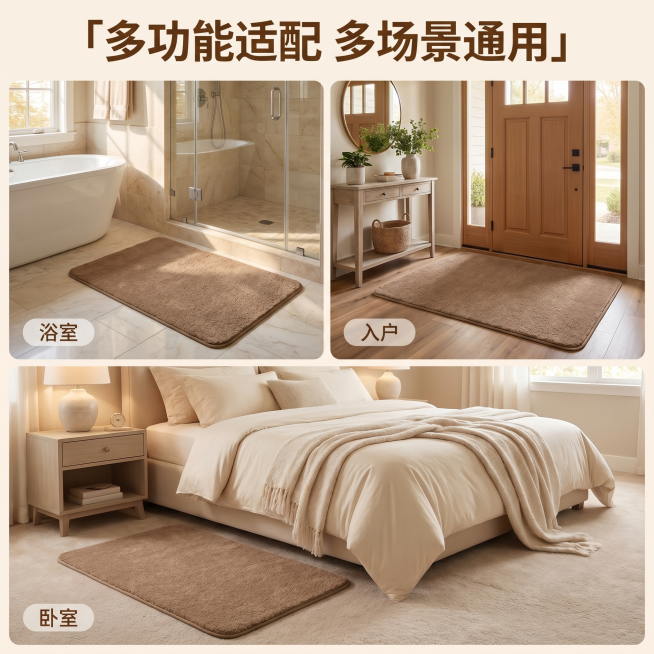 [主图 4] 多场景适配展示棕色超纤绒地垫，突出颜值百搭。[氛围风格] 温馨舒适家居治愈风；[画质] 商业摄影质感、光线柔和通透、产品清晰真实、画面干净高级；[元素] 拼图展示地垫在三个不同场景的应用预览效果