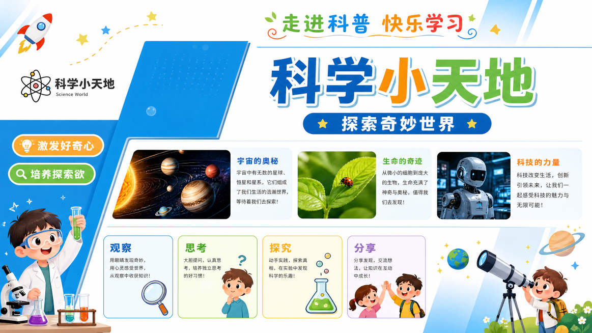 小学教室科普展板设计，参考图片版式骨架进行复刻，风格清新教育风，整体明亮活泼。顶栏放置装饰文案"走进科普 快乐学习"，主标题区放置大字号"科学小天地"，副标题区放置"探索奇妙世界"，左侧展示科普知识板预览效果