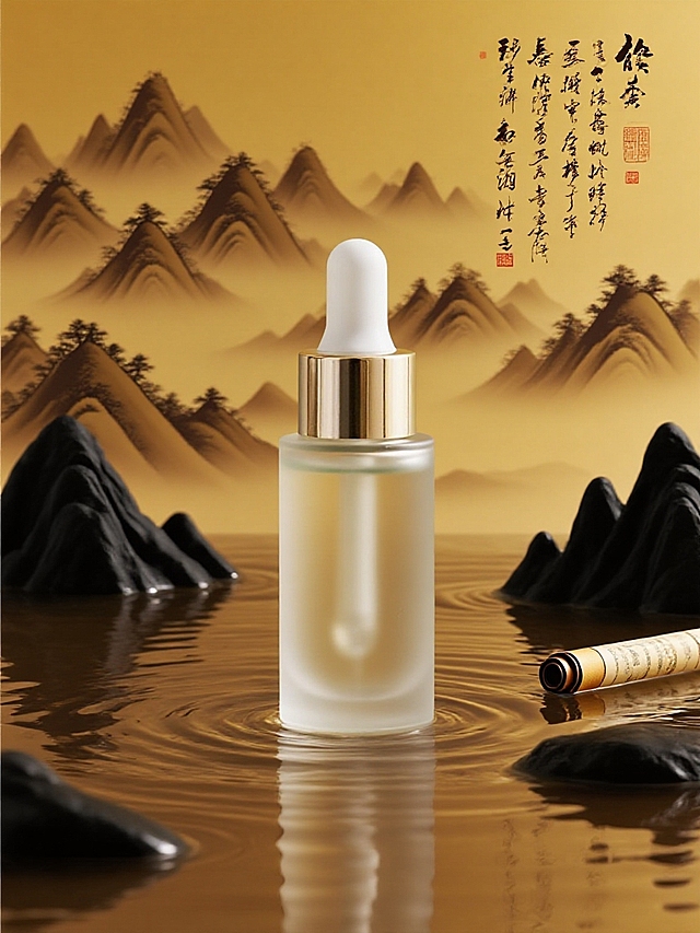 暖棕与金黄为主色调，画面中心是主体置于流水中的，后方是带水墨山峦图案的背景板，旁有带中式书法文字的卷轴，周围分布黑色山石，光线柔和有层次