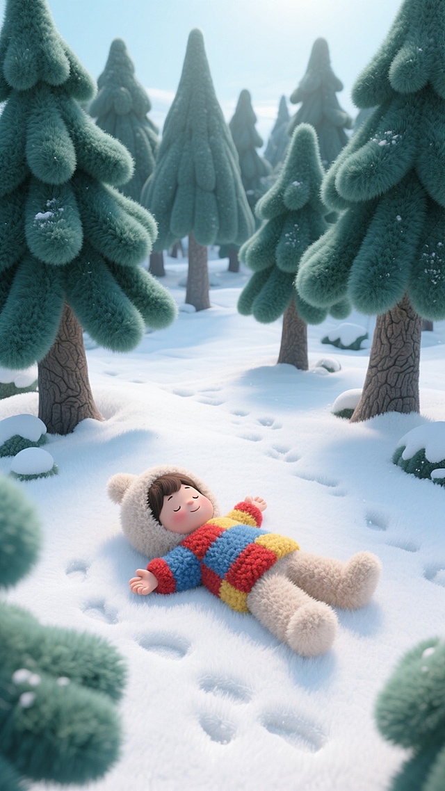 一片冬日森林场景，森林里有大量高大的松树，一个小孩躺在雪地上，摆动手和脚在雪地上形成痕迹，正面高空俯拍视角