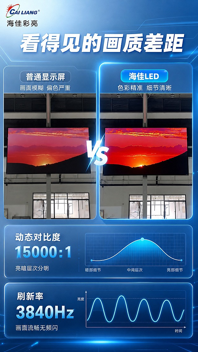 [详情页-3] 核心技术实测：画质与性能深度解析。
[商品] 使用【图5】【图7】LED显示屏显示效果图；保留屏幕显示内容、边框与安装结构；增强画面细节与色彩表现。
[画面] 竖版9:16，上半部分为左右分屏对比：左侧普通显示屏画面模糊偏色，右侧海佳LED屏画面鲜艳清晰；中间用VS标识分隔。下半部分为两个技术数据卡片：高对比度与高刷新率，配数据可视化进度条和波形图示意。
[视觉] 套系策略：风格=浅蓝色科技风商业详情页；标题字=白色粗体无衬线大字；正文字=简洁无衬线体；主色=浅蓝渐变；背景延展=基于浅蓝做深浅层级渐变+科技线条/粒子光效；强调色=亮青色；标题色=白色；正文色=浅灰蓝色；组件=圆角半透明玻璃质感卡片、数据图表、细线引线；光影=科技感冷光，数据区有发光效果。
[文字] 顶部主标题「看得见的画质差距」；左侧标注「普通显示屏 画面模糊 偏色严重」；右侧标注「海佳LED 色彩精准 细节清晰」；下方数据卡：「动态对比度 15000:1 亮暗层次分明」「刷新率 3840Hz 画面流畅无频闪」；左上角海佳彩亮logo。
[规格] 比例9:16竖版，分辨率2K，单张不大于3M；禁止变形、错字、文字过小、绝对化用语、平台Logo、水印。