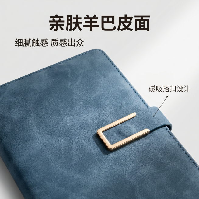 [主图 2] 搭扣笔记本核心材质展示主图。
[氛围风格] 简约商务风，品质细节展示；
[画质] 商业摄影质感、光线柔和通透、产品清晰真实、画面干净高级。
[元素] 放大展示蓝色笔记本封面局部，突出羊巴预览效果