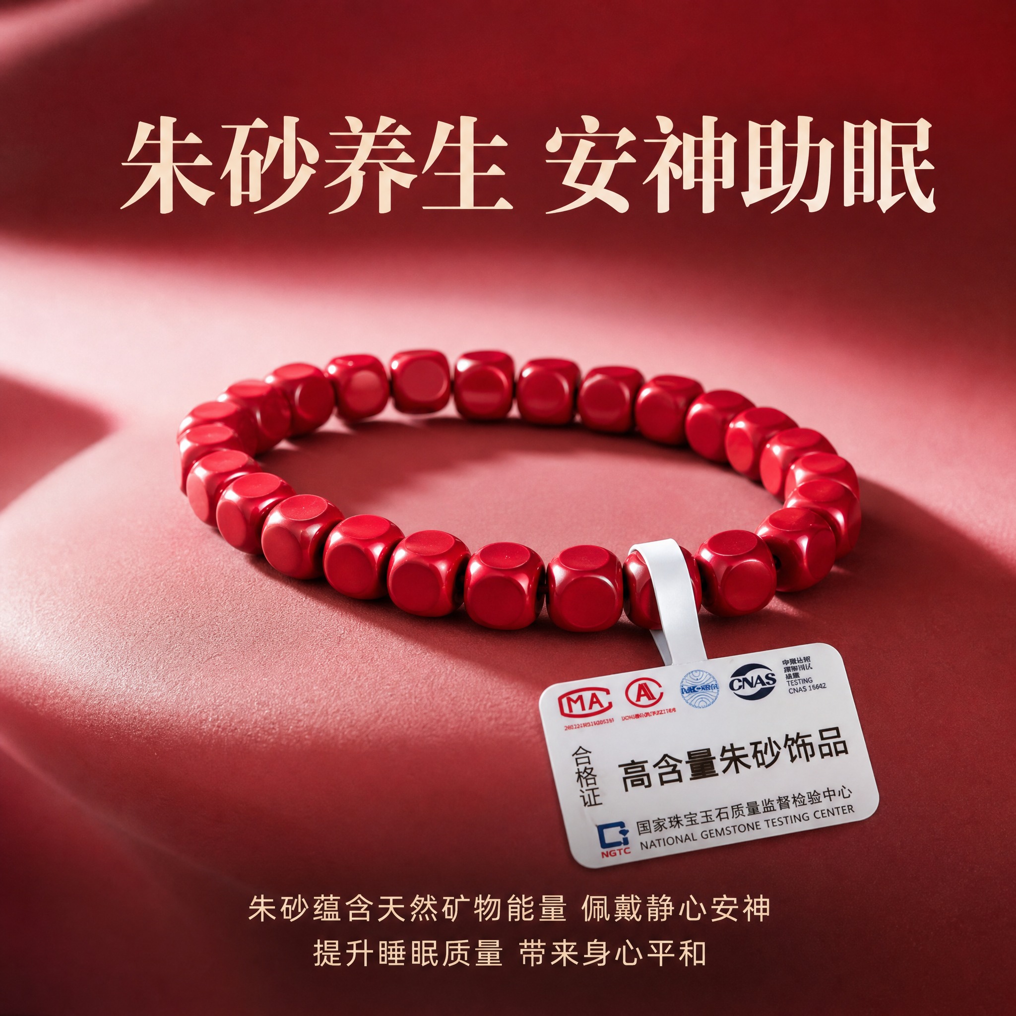 电商淘宝天猫主图，朱砂手串产品图，产品为高含量帝王砂方形珠手串… - 图片创意预览