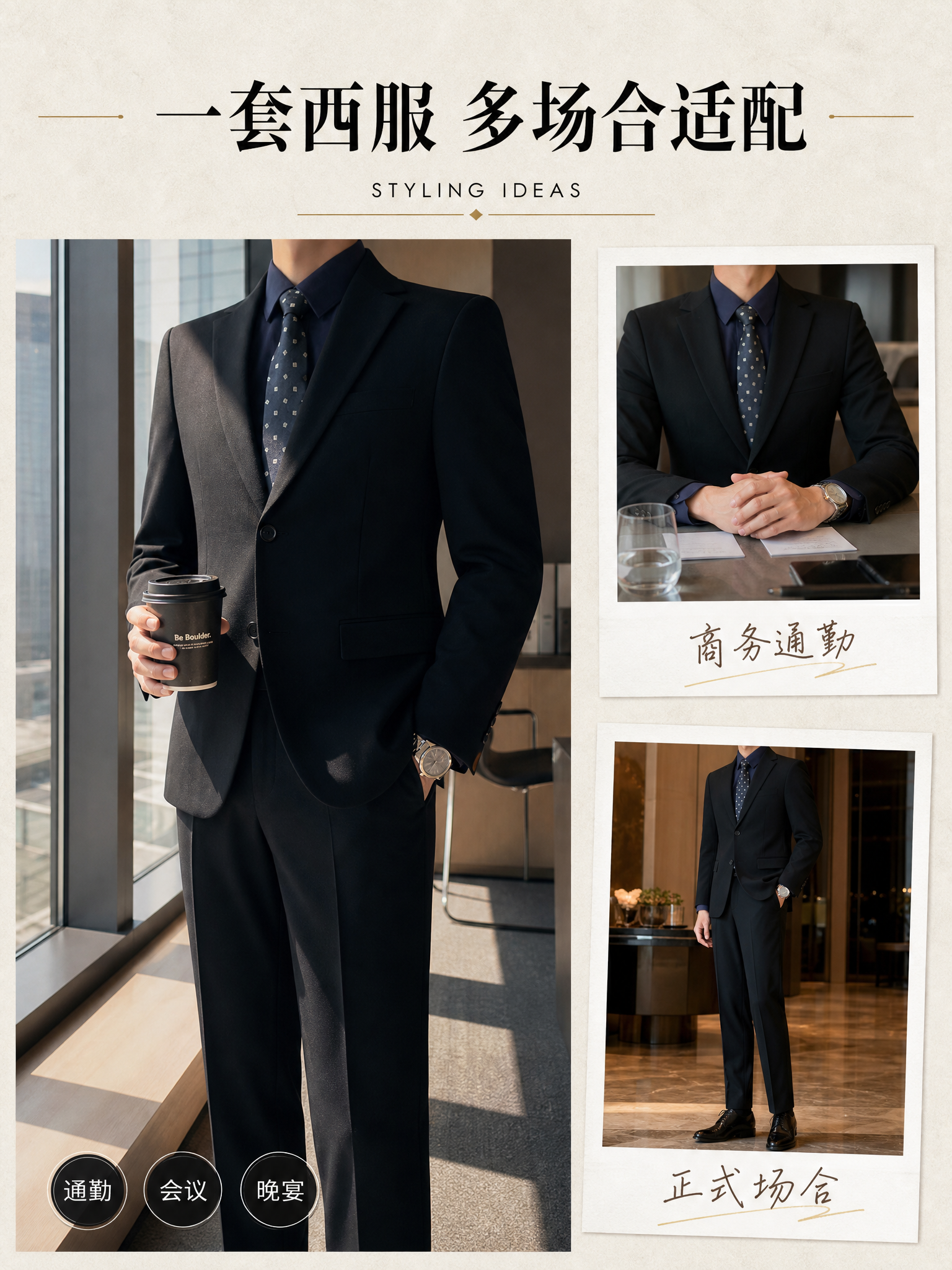 [第5张] 搭配灵感页-男士黑色西服套装多场景穿搭方案。本张使… - 图片创意预览
