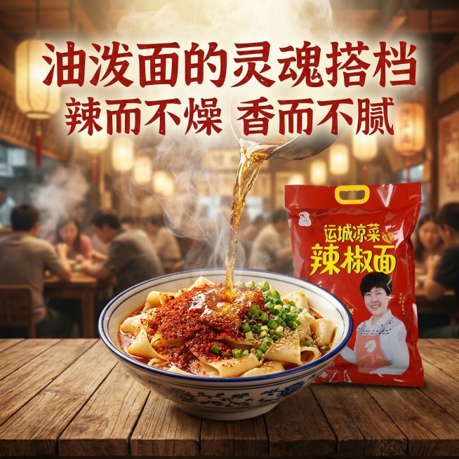 辣椒面油泼面美食场景主图，面馆烟火氛围，暖光通透。产品包装袋放在面馆餐桌旁，大碗宽面摆在中央，滚烫的热油正浇在面上的辣椒面里，红油滋滋冒泡，葱花、芝麻点缀其中，香气扑面而来，极具视觉冲击力。文字：主标预览效果