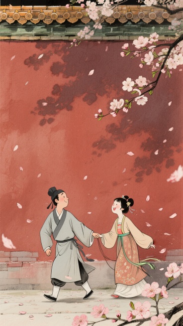 正面，远景，暗红色宫墙背景，人物身穿古代服饰，一个男子拉着一个女子嬉笑，暖色调浪漫感氛围，桃花点缀预览效果