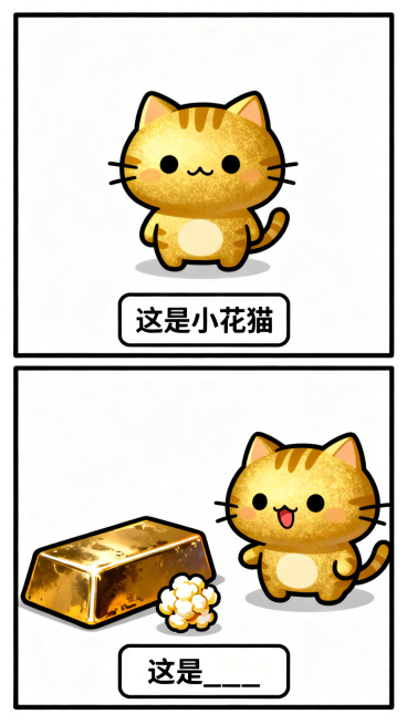 日系搞笑纵向双格漫画，上半格：Q版可爱的金色小花猫，极简背景，底部白色矩形框黑字写“这是小花猫”；下半格：小花猫、一块金属金砖、一颗爆米花强行组合在一起，呈现荒谬互动，底部白色矩形框黑字写“这是___预览效果