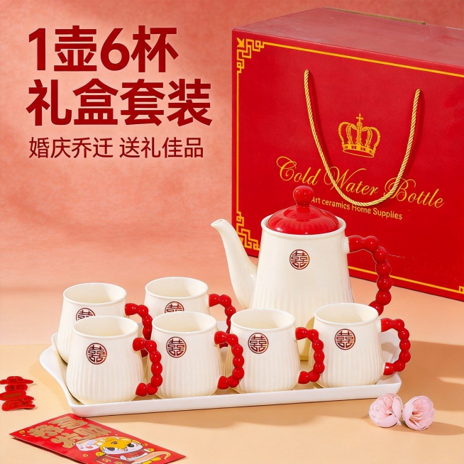 陶瓷茶具套装1壶6杯主图；[氛围风格] 高档喜庆家居治愈风；[画质] 商业摄影质感、光线柔和通透、产品清晰真实、画面干净高级，超高清2.8m画质；[元素]保持陶瓷茶具套装的外观（物理结构、米白色竖纹陶预览效果