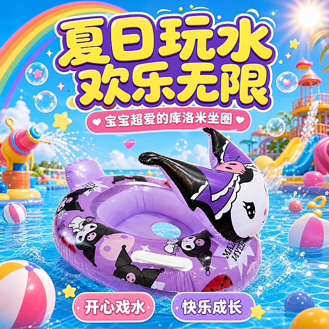[主图-12] 宝宝充气坐圈 夏日玩水必备 欢乐水上时光
[统一基调] 拼多多风格 大字直白 萌趣可爱 紫色系主色 粉色辅助色 圆润黑体大字标题 圆角胶囊卖点标签
[画面] 产品漂浮在充满欢乐元素的水上乐园场景 背景有彩虹 喷水玩具 彩色浮球 阳光灿烂 产品位于画面中心偏下 占比55% 上方是大标题 周围有欢乐的气泡和星星装饰 整体氛围开心活泼
[光影质感] 欢乐夏日场景质感 光线明亮充足 色彩饱和度高 产品漂浮自然
[配色] 背景彩虹色天空 蓝色水面 产品紫色 标题黄色描红边 整体鲜艳活泼
[文字版式] 顶部超大标题"夏日玩水 欢乐无限" 下方副标题"宝宝超爱的库洛米坐圈" 底部标签"开心戏水""快乐成长" 圆润黑体 活泼大字
[输出要求] 1:1比例 2048px 氛围欢乐 产品清晰 文字醒目 无变形 无错字 无水印