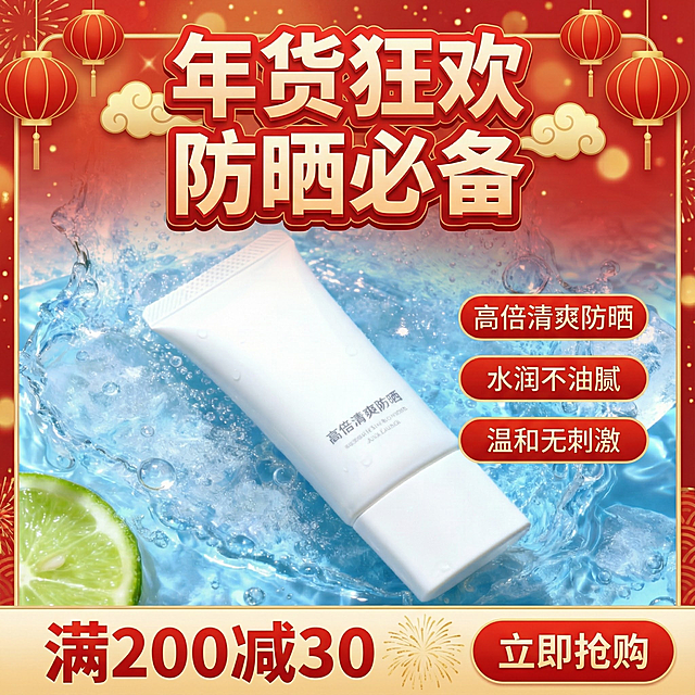 国潮风融合液态水花与粒子动感，大字风标题强化促销感，红金配色营造喜庆氛围，清爽柠檬元素传递清透感，整体设计兼具节日气息与产品特性。