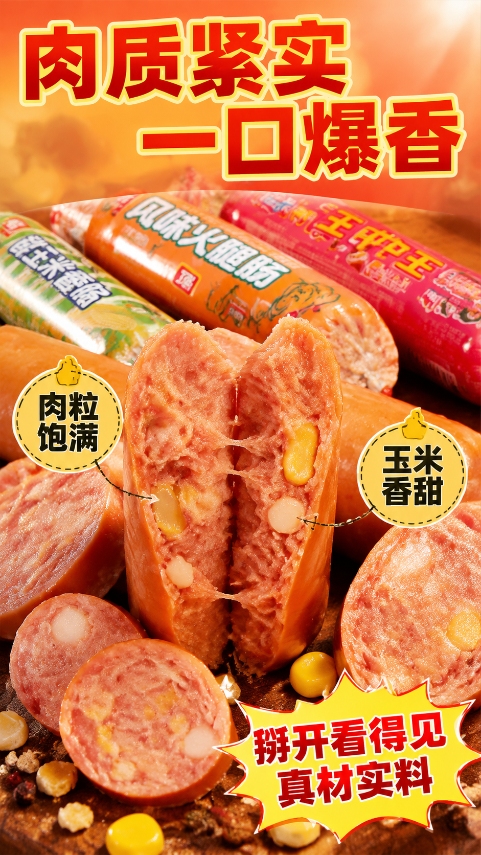 [商品] 使用【图1】三款火腿肠；保留三款香肠的颜色、包装、品… - 图片创意预览
