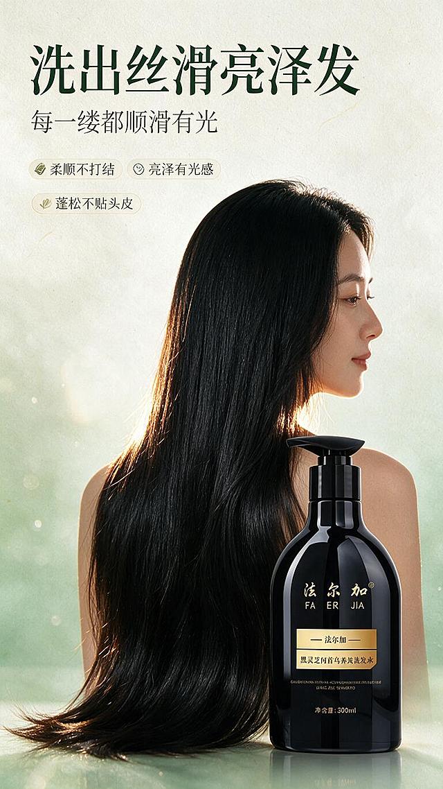 [商品] 使用【图1】法尔加黑灵芝何首乌养发洗发水黑色按压瓶；保留瓶身金色Logo、标签文字、300ml净含量字样，不改变产品外观。
[画面] 第6张·真人效果型，目标是展示使用后柔顺亮泽的发丝质感。亚洲女性（25-30岁，气质温婉）背影或侧背影入镜，展示一头乌黑亮泽、顺滑垂坠的长发，发丝有健康光泽；产品位于画面右下角，与人物发丝自然融合，仿佛刚使用完毕；左侧留白放标题和3个效果利益点。背景为柔和的浅米白到淡绿渐变，带柔焦光斑。阅读动线：左上标题→中央人物发丝→右下产品。
[视觉] 套系策略：风格=植萃国风高级商业摄影；标题字=宋体加粗衬线体；正文字=简洁无衬线体；主色=墨绿+深蓝；背景延展=基于浅米白做同色系渐变、细腻纸张质感与水光光斑；强调色=烫金，仅用于小面积图标、引线和标签高光；标题色=深墨绿；正文色=深炭灰；组件=圆角浅底信息卡、细线引线；光影=侧逆光勾勒发丝光泽，正面柔光补亮，整体温暖高级。
[文字] 左上主标题"洗出丝滑亮泽发"，副标题"每一缕都顺滑有光"；下方3个横排效果标签："柔顺不打结"、"亮泽有光感"、"蓬松不贴头皮"，文字全部横排，字号保证手机端清晰可读，不遮挡人物面部和产品主体。
[规格] 单屏比例9:16竖版，分辨率1K，避免变形、错字、文字过小、医疗功效表述、绝对化用语、夸张前后对比、生发防脱医疗承诺。