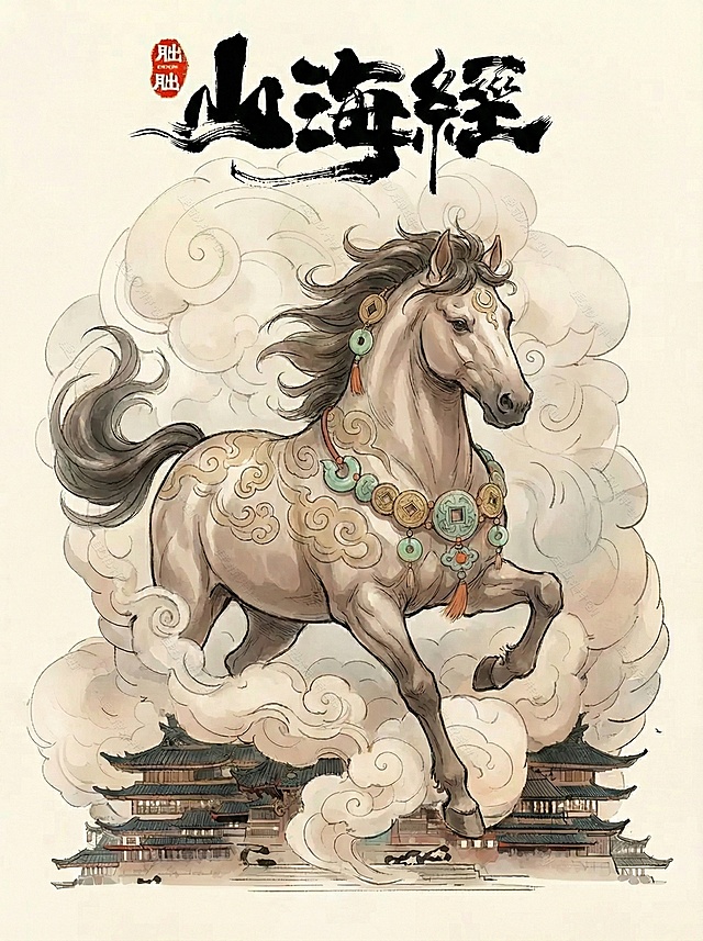 工笔与水墨交融，祥云缭绕中神骏腾跃，古典中式建筑隐现，尽显山海经的梦幻与神圣。