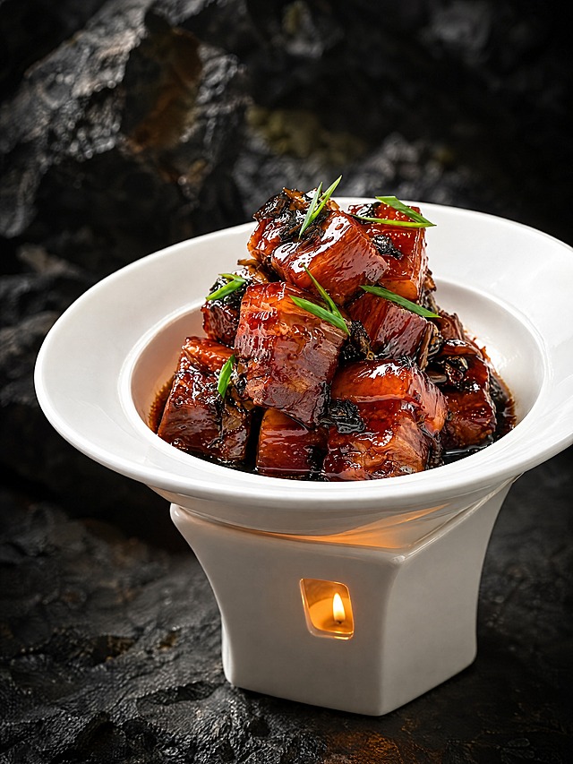 基于参考图中的红烧肉菜品，生成右侧45度斜角角度的美食摄影图，保持红烧肉色泽红亮油润、方块整齐，梅干菜点缀，顶部撒葱叶装饰，白色宽边瓷碗装盛，下方白色加热炉带烛光，深色岩石质感背景，暗调专业美食摄影，高清细节，诱人食欲