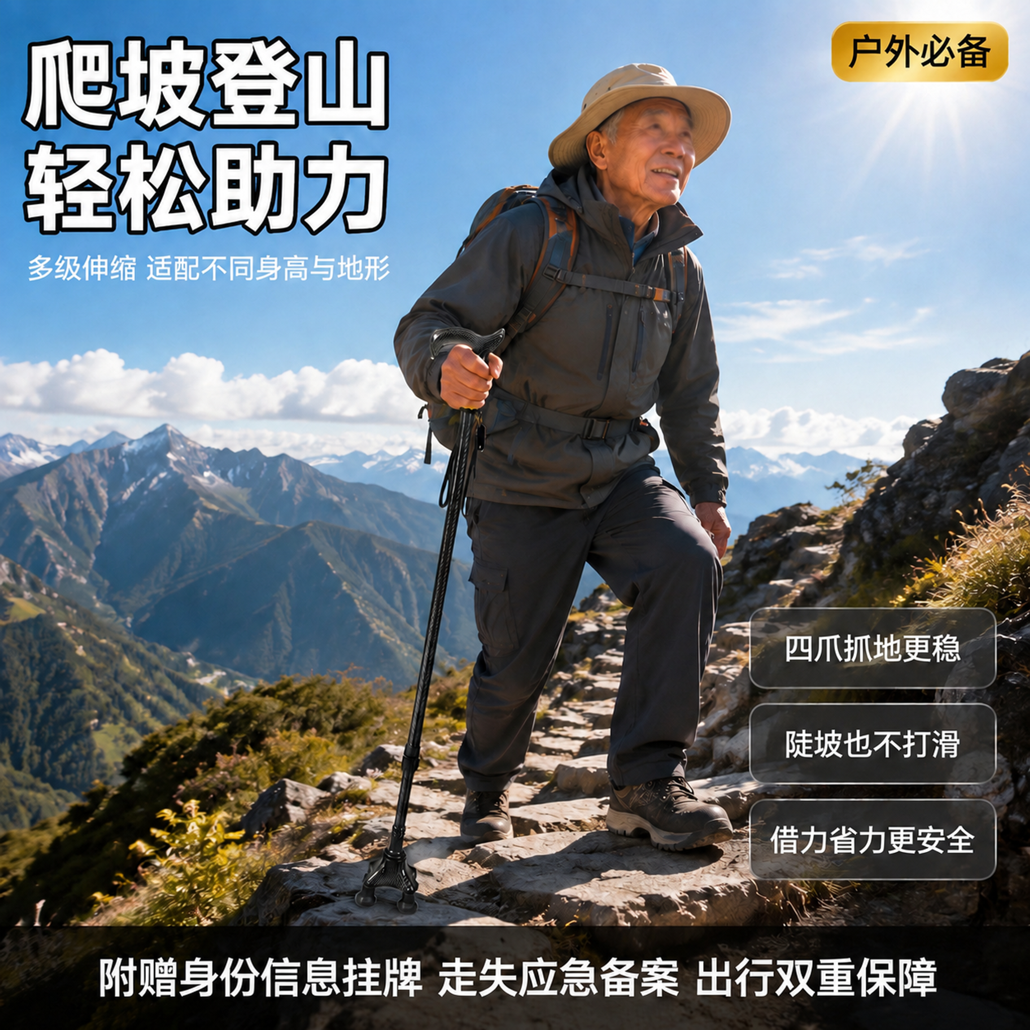 将画面中登山老人的面部进行轻微柔化模糊处理，使用柔和的高斯模糊… - 图片创意预览