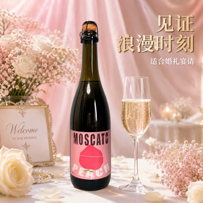 [主图-2] 蜜桃莫斯卡托起泡酒婚礼场景主图
[氛围风格] 浪漫圣洁婚礼氛围感，优雅高级
[画质] 商业摄影质感、光线柔和通透、产品清晰真实、画面干净高级
[元素] 蜜桃莫斯卡托起泡酒瓶放置在婚礼签到预览效果