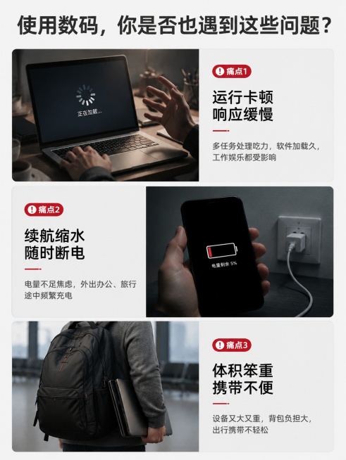 [第2屏] 痛点直击-传统数码产品使用困扰。
[氛围/风格] 写实问题场景风，灰调暗沉氛围，突出用户痛点。
[元素布局] 三格竖排痛点布局，每格展示一个真实困扰场景：第一格卡顿死机场景，第二格续航不足预览效果