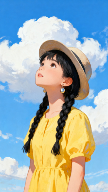 插画风格，一个留着黑色辫子头发的女孩，穿着黄色连衣裙，戴着帽子，佩戴耳环，她正在仰视天空，背景是蓝天白云，整体画面清新治愈预览效果