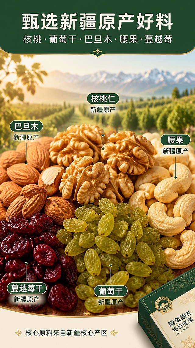 [第2屏] 成分产地专屏 · 新疆原产好原料大特写。本屏为原料产地展示，不使用产品图作为主图，仅在角落露出小包装作辅助。
[氛围/风格] 产地原生感 + 食材微距真实感，自然质朴商业摄影风。
[元素布局] 画面主体为满铺的优质坚果与果干微距特写，占屏约70%：核桃仁饱满纹理清晰、巴旦木带薄皮、腰果完整、红绿葡萄干透亮、蔓越莓干红润；背景上半部分虚化呈现新疆天山/果园/田野风光剪影，标注产地感；右下角小面积露出【图1】礼盒一角作品牌呼应；整体原料颗粒大、细节丰富、真实可触。
[光影质感] 顶部柔和自然光，侧光勾勒果仁轮廓与纹理，葡萄干表面有自然光泽，阴影柔和，突出食材新鲜饱满。
[配色色系] 全局底色 #F5EFE0（米杏色）；主色坚果棕 + 果干红紫；辅助色深绿标题条、米白底；点缀色金色。
[视角构图] 俯视平铺构图，原料铺满中下区域，上方标题区，阅读动线从上到下。
[文字版式] 顶部深绿色通栏标题区。主标题「甄选新疆原产好料」，副标题「核桃·葡萄干·巴旦木·腰果·蔓越莓」，圆角黑体，字色米白；画面中用引线标注5种原料名称与「新疆原产」字样；底部小字说明「核心原料来自新疆核心产区」；字色全套保持深绿 + 米白两种。
[比例分辨率] 9:16 竖版比例，4K 分辨率，文字清晰可辨，高清画质。
[负向提示词] 人物出现，四宫格，原料模糊，水印，文字错乱，文字过小，背景杂乱，包装占比过大。