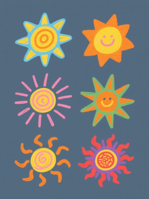 手绘风格太阳图标系列，保持儿童画般的蜡笔笔触质感，黄色螺旋状中心搭配橙黄色放射状光芒，纯色背景，整体色彩统一变换为[此处可替换为具体颜色，如：明亮的天蓝色/柔和的粉色/清新的绿色/温暖的橙色/沉稳的紫色/活力的红色]，包含6个完全不同造型和角度的太阳图标——正面标准螺旋太阳、侧面45度角透视太阳、带有笑脸表情的太阳、光芒长短不一的太阳、螺旋方向相反的太阳、光芒呈波浪状的太阳，所有图标规整排布在……预览效果