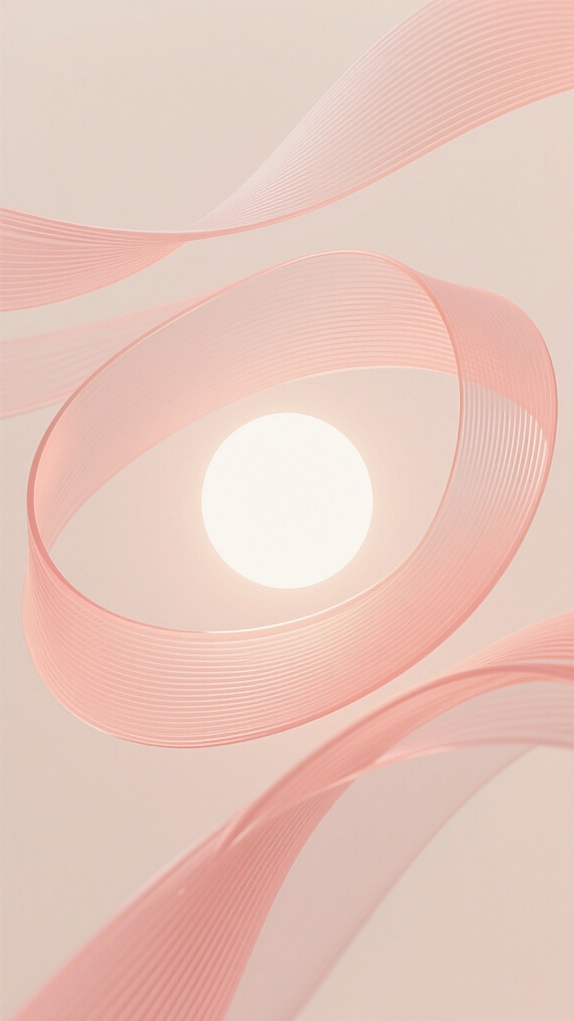 简约现代风格的3D抽象背景，以柔和的珊瑚粉色与淡奶油色为主色调，呈现出流畅弯曲的带状结构，这些带状物表面带有细密平行的纹理线条，整体呈现出轻盈通透的半透明质感。画面中央有一个明亮的圆形光晕区域，光线从中心向外柔和扩散，营造出宁静、空灵且温暖的氛围。构图采用曲线动态平衡布局，背景简洁干净，无任何文字或logo元素，光线过渡自然，阴影细腻柔和，整体设计具有高度的视觉统一性和简约高级的质感。