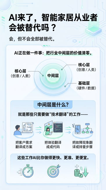 小红书图文P2，大标题“AI来了，智能家居从业者会被替代吗？”，正文：会，但不会全部被替代。AI正在做一件事：把行业中间层的价值清零。中间层是什么？就是那些只需要做“技术翻译”的工作——把客户需求翻译预览效果