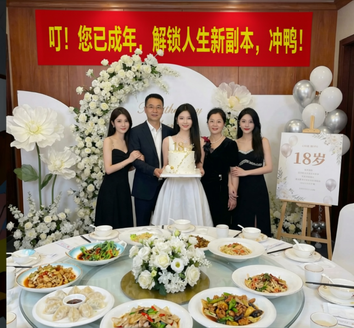 将条幅的颜色变为红底黄字，文字内容为：叮！您已成年，解锁人生新副本，冲鸭！其余不变预览效果