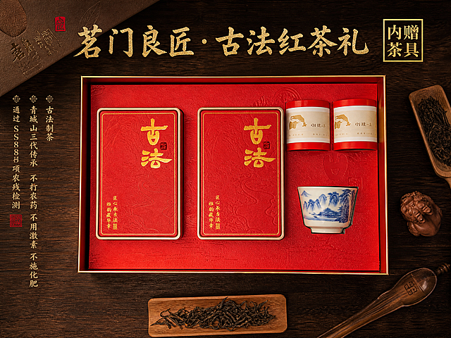 高端中式红茶礼盒电商海报，4:3横版。俯拍平铺视角。画面主体为【图9】古法红茶礼盒全套内容物平铺展示：两罐红色古法茶罐、两小罐松韵红茶、一只青花瓷茶杯，礼盒内衬红色浮雕纹理，产品100%还原上传商品图的外形、包装、文字与材质。所有物品整齐摆放在深棕色木质纹理台面上，周围点缀干茶叶、茶则、小茶宠等茶道配件。画面顶部主标题横排"茗门良匠·古法红茶礼"，右上角金色印章式标签"内赠茶具"，左下角竖排卖点文字："古法制茶""青城山三代传承""不打农药 不用激素 不施化肥""通过SGS285项农残检测"。整体色调暖棕红金，俯拍平铺构图，丰富有层次，商业摄影级，版式精美。画面中所有信息区域必须填充完整合理的内容，不得出现空白框或占位。