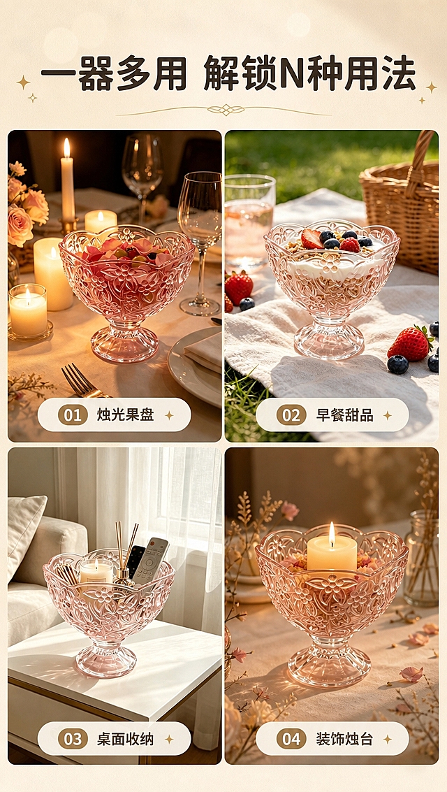 [商品] 使用【图2】【图4】【图5】浮雕粉晶高脚玻璃碗的多场景图；保留每只碗的浮雕花纹、粉色玻璃、高脚结构；各场景中碗的用途分别为烛光晚餐果盘、早餐甜品碗、客厅收纳碗。
[画面] 四宫格多用场景展示，2×2布局，每格一个使用场景；左上：烛光晚餐果盘（参考图2），右上：早餐酸奶碗（参考图4），左下：客厅收纳（参考图5），右下：装饰烛台场景；每格占画面约40%，中间留细缝分隔；整体背景为浅米杏色。
[视觉] 套系策略：风格=精致轻奢餐厨商业摄影；标题字=优雅圆角粗黑体；正文字=简洁无衬线体；主色=浅米杏+暖金；背景延展=基于浅米杏做深浅渐变、柔焦光斑和细腻纸质质感；强调色=暖金色，仅用于小面积图标、引线和装饰线条；标题色=深棕灰；正文色=中暖灰；组件=圆角浅底信息卡、细金线分隔、编号标签；光影=各场景内保持暖调自然光，统一色温。
[文字] 顶部主标题「一器多用 解锁N种用法」，每格右下角配短标签「烛光果盘」「早餐甜品」「桌面收纳」「装饰烛台」，文字不遮挡碗主体。
[规格] 图片比例9:16竖版，4K分辨率，medium质量；避免粉色背景、变形、错字、文字过小、冷蓝灰调、各场景碗样式不一致。