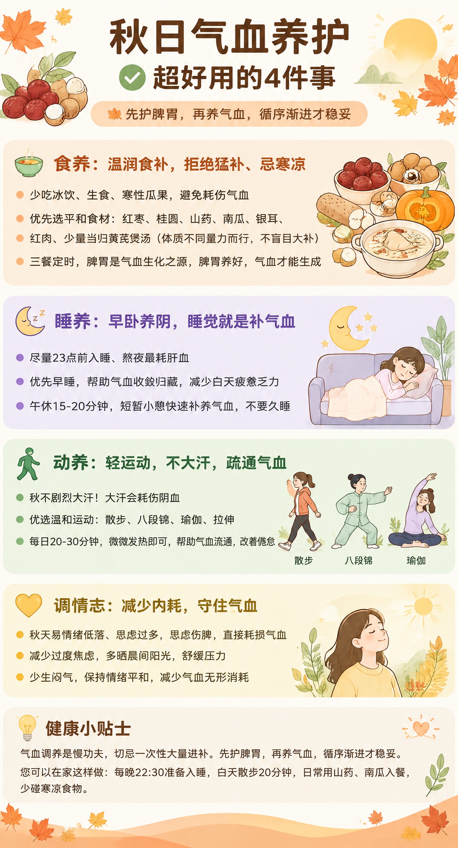健康科普长图海报，秋日气血养护主题，温暖秋意配色：奶油白底+暖… - 图片创意预览
