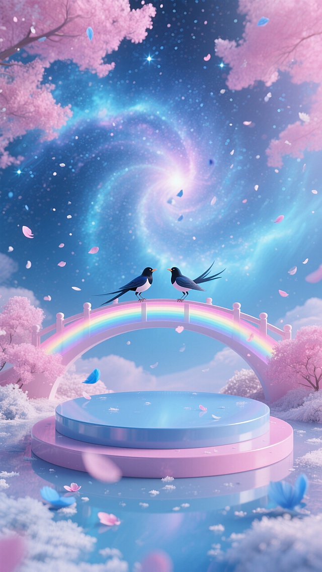 梦幻粉蓝色圆形展台，展台后面有两只很小喜鹊飞在鹊桥之上相会，花瓣雨，背景是粉蓝色星云，光感



生成了3次，感觉还是第一次好。一开始写的是太阳光感，黄色加进去画面整体很亮，就是一个太阳有点多余，后期P掉也可以用~就酱吧
