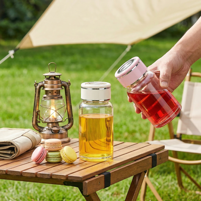 纯场景电商主图，无任何文字。图中的粉、白两款玻璃杯，白色款放在露营折叠桌上，粉色款被一只手拿着倾斜展示，桌上摆放露营灯、马卡龙小饼干、折叠椅，背景是草坪和露营天幕，阳光明亮清新，整体是舒适的双人户外露预览效果