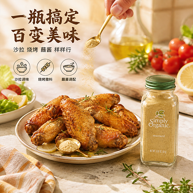 [主图-4] 厨房使用场景图，美食搭配生活方式。
[氛围风格] 温馨家庭厨房风，生活感强有食欲，高饱和度暖调，干净明亮。
[画质] 商业美食摄影质感、光线柔和通透、产品清晰真实、画面干净高级有生活气息。
[元素] 画面右侧放置Simply Organic芥末粉玻璃瓶，瓶身完整标签清晰，与输入产品图外观完全一致。左侧和中间是温馨的厨房餐桌场景：一盘刚做好的烤鸡翅/三明治/沙拉（任选其一为主），旁边有一只手（仅露出手腕和手指局部，自然撒粉动作）正往食物上撒芥末粉，金色小勺放在盘边。背景是浅色厨房台面，点缀新鲜蔬菜、柠檬片、香草、橄榄油瓶，营造日常烹饪氛围。**保持产品外观（即物理结构、材质质感、颜色、标签文字）与输入产品图绝对一致，杜绝任何变形和色差，精细化处理；手部仅露出局部，避免完整手掌和手指细节**。商品主体占比约40%，美食与产品呼应。
[光影] 自然窗边柔光从左上方照入，温暖金黄调，食物表面有诱人光泽，瓶身玻璃有柔和高光，整体明亮通透有生活感。
[配色] 主色暖木黄+米白；辅色食物暖棕红、绿色（蔬菜点缀，占比<15%）；强调色暖橙。
[视角构图] 45°俯视，美食在中心，产品在右侧呼应；前中后景分层，景深中等，生活感强。
[文字版式] 左上负空间左对齐，大字标题"一瓶搞定 百变美味"，暖棕色粗体书法字；副标题"沙拉 烧烤 蘸酱 样样行"，小号深棕细黑体。下方三个圆形小图标横排："沙拉调味""烧烤撒料""蘸酱调配"。
[输出要求] 1:1比例，文字清晰锐利，超高清商业美食摄影质感。
[负向提示词] 变形，文字错乱，产品图模糊，背景杂乱，水印，电商平台Logo，瓶身标签变形错字，多余的手，多余的手指，畸形手，融合手指，手部扭曲，人物面部扭曲。