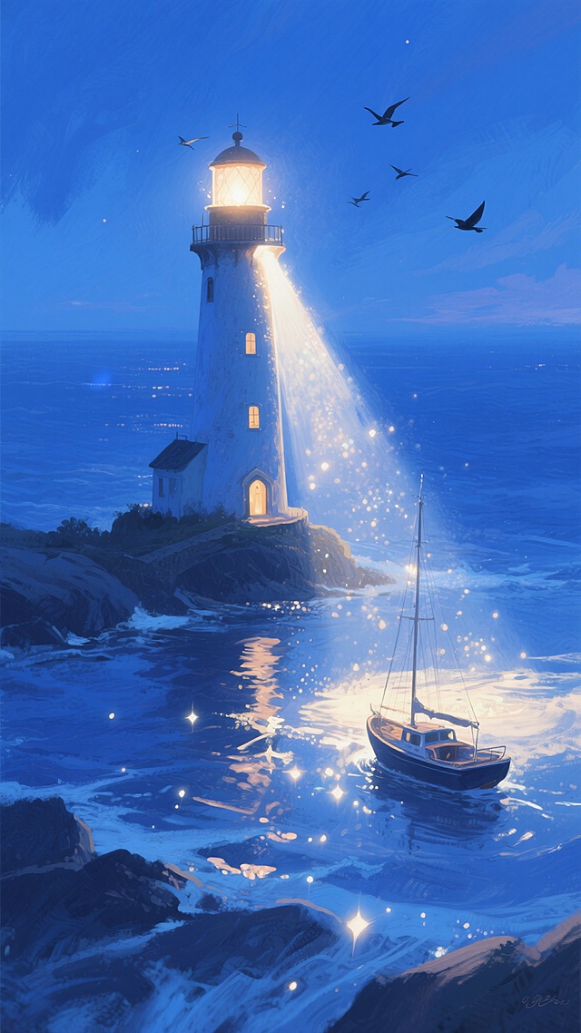 梦幻感的水彩插画风，灯塔光芒洒向海面，小船静泊，营造宁静夜晚氛围。