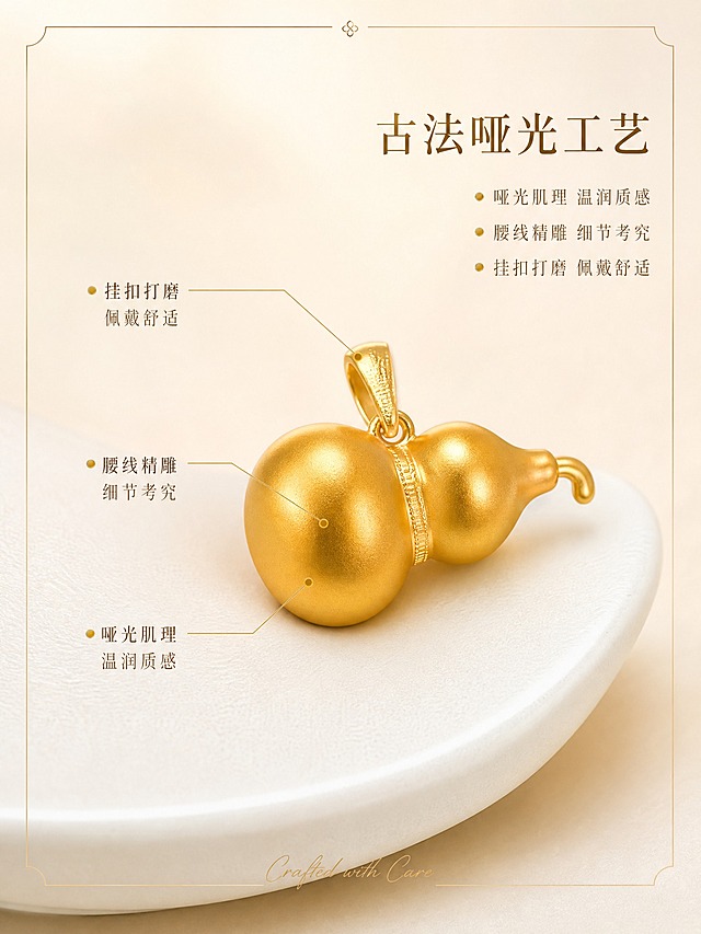 [主图-2] 黄金葫芦吊坠 材质工艺展示 足金品质细节。
[统一基调] 整体风格为高级精致国风珠宝摄影，背景主色为香槟金渐变浅米色，标题字色为深金色，辅助字色为暖棕色，强调色为哑光金，字体样式为纤细宋体搭配手写英文装饰，字号层级分明，卡片与边框采用极细金线描边，整体克制高级。
[画面] 产品位于画面中央，保持原图产品角度与完整性不变，主体占比约65%，比主图1稍大以突出细节。吊坠放置在白色哑光瓷盘边缘，瓷盘只露出弧形一角，瓷盘表面有细腻质感。背景为纯净浅米色柔光背景，画面左侧用极细金色引线从吊坠表面引出，指向三个工艺细节标注点：葫芦表面的哑光肌理、中间腰线的精细纹路、顶部挂扣的打磨细节。每个标注点旁有小型金色圆点和简短说明文字。
[光影质感] 微距珠宝摄影质感，主光柔和均匀，清晰展现黄金哑光表面的细腻颗粒感，葫芦中间腰线的纹路细节清晰可见，挂扣处的金属光泽层次丰富。产品底部与瓷盘接触处有自然柔和的阴影，无悬浮感。金属边缘精修顺滑，无划痕、指纹、灰尘。
[配色] 主色调香槟金、浅米色、深金色、暖棕色，与主图1色调统一。
[文字版式] 画面顶部偏右放置主标题「古法哑光工艺」，深金色大号宋体。下方三行小字分别对应三个工艺点：「哑光肌理 温润质感」「腰线精雕 细节考究」「挂扣打磨 佩戴舒适」，暖棕色小号字体，每行前有金色小圆点。底部加一行手写体英文「Crafted with Care」，浅金色小号。文字均在右侧和顶部负空间，不遮挡吊坠主体。
[输出要求] 比例3:4，2K分辨率，产品细节清晰，工艺标注引线精致，文字清晰。负向：产品变形 角度改变 产品不完整 划痕指纹 廉价高光 文字模糊 错字 水印 杂乱元素 过度曝光 颜色偏差