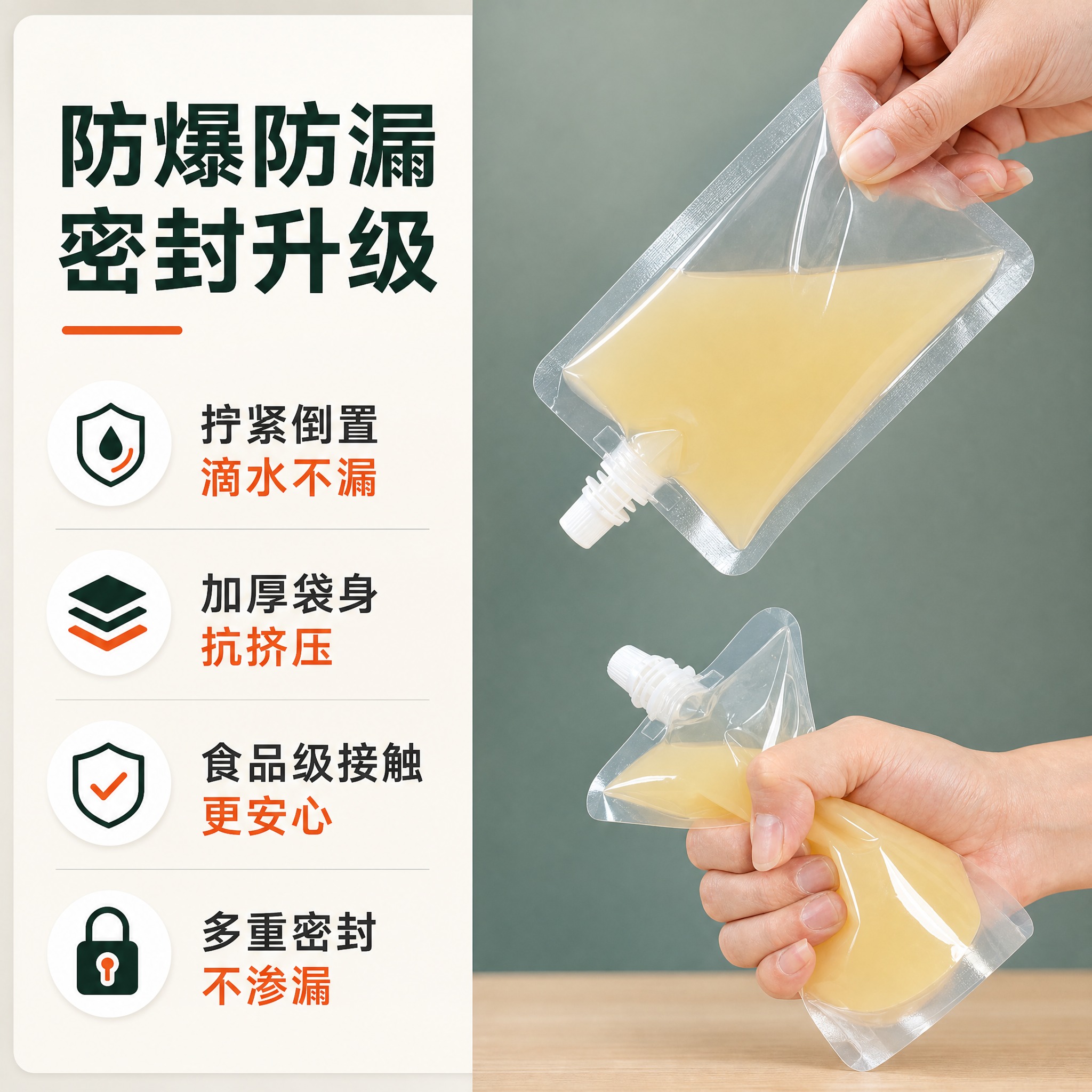 [主图-2] 透明自立吸嘴袋 核心亮点 防爆防漏密封性能展示。… - 图片创意预览
