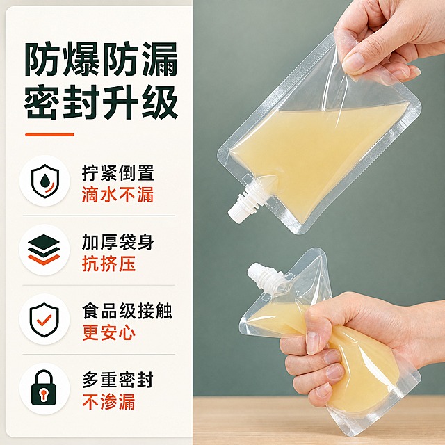 [主图-2] 透明自立吸嘴袋 核心亮点 防爆防漏密封性能展示。
[统一基调] 淘宝天猫专业品质风格，洁净通透，明亮自然光，高亮通透，清爽秩序感，实用主义。背景主色浅米白+浅木色，标题字色深墨绿，辅助字色深灰，强调色橙红，字体为无衬线粗体，字号层级分明，卡片圆角轻阴影样式。
[画面] 画面采用左右分栏构图，左侧占40%为文字卖点区，右侧占60%为产品展示区。右侧展示两只透明自立吸嘴袋，一只被手握住倒置展示防漏效果（袋口朝下无液体滴出），另一只被手挤压展示防爆抗压效果（袋身变形但不破裂）。两只袋子均装有淡黄色液体，白色旋盖拧紧，袋身透明。手为成年女性手部，肤色自然，指甲干净整洁。背景为浅灰绿色纯色渐变，简洁干净突出产品。产品外观、形状、直径、透视角度、颜色与输入图完全一致，禁止变形、禁止改变体直径、禁止改变形状、禁止改变透视角度、禁止重新绘制产品、禁止新增产品、禁止减少产品、禁止改变产品颜色。
[光影质感] 商业摄影质感，柔和侧光，透明袋身有清晰高光，液体质感真实，手部光影自然，整体干净立体。
[配色] 背景浅灰绿渐变，深墨绿标题，深灰辅助文字，橙红强调色，整体清新专业。
[文字版式] 左侧顶部大标题「防爆防漏 密封升级」，下方分四点列出：「拧紧倒置滴水不漏」「加厚袋身抗挤压」「食品级接触更安心」「多重密封不渗漏」，每点配简约图标。文字左对齐，层级清晰。
[输出要求] 1:1比例，2048x2048像素，文字清晰可读，产品清晰完整，无变形，无错字，无水印，无平台Logo。禁止产品变形，禁止改变体直径，禁止改变形状，禁止改变透视角度，禁止重新绘制产品，禁止新增产品，禁止减少产品，禁止改变产品颜色。