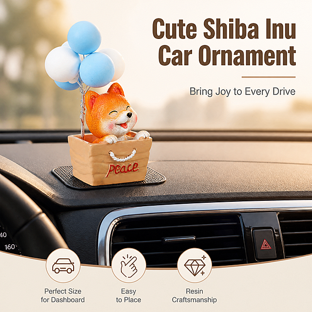 [主图-2] Shiba Inu Confession Car Creative Ornament 车载使用场景图，展示车内中控台摆放效果。
[统一基调] 跨境电商Amazon信息图风格，温馨治愈氛围，浅米色+暖棕色主色调，英文文案，现代无衬线粗体标题字，深棕色标题字色，浅灰色辅助字色。
[画面] 产品主体为橙色柴犬告白气球摆件，放置在真实汽车中控台的仪表台上，旁边可见汽车空调出风口和部分方向盘。摆件平稳放置在防滑垫上，呈现真实车载使用状态。柴犬坐在浅棕色纸盒底座中，头顶蓝白气球，表情治愈可爱。背景是汽车内饰，深色仪表台，营造温馨的车内氛围。画面右侧留出负空间放置文案。主体占画面约60%。
[光影质感] 自然车内光线，模拟白天阳光透过车窗照射，光线柔和温暖，树脂材质有自然光泽，车内内饰有真实材质质感，产品与台面接触自然，有轻微投影。
[配色] 主色调暖米色+深棕色，点缀橙色和蓝色，整体温馨治愈，符合软装小件家居感。
[文字版式] 右上角大标题"Cute Shiba Inu Car Ornament"，下方小字副标题"Bring Joy to Every Drive"，左下角三个小图标配文字："Perfect Size for Dashboard"、"Easy to Place"、"Resin Craftsmanship"。文字不遮挡产品主体。
[输出要求] 比例1:1，2048x2048px，文字清晰可读，产品清晰，无变形、错字、模糊、水印、平台Logo。