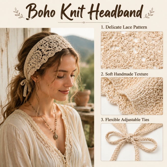 「图片1」
生成一张亚马逊产品细节图
置顶文案：Boho Knit Headband

左侧：模特佩戴场景展示
右侧：三个细节特写

1.Delicate Lace Pattern
2.Soft Ha预览效果