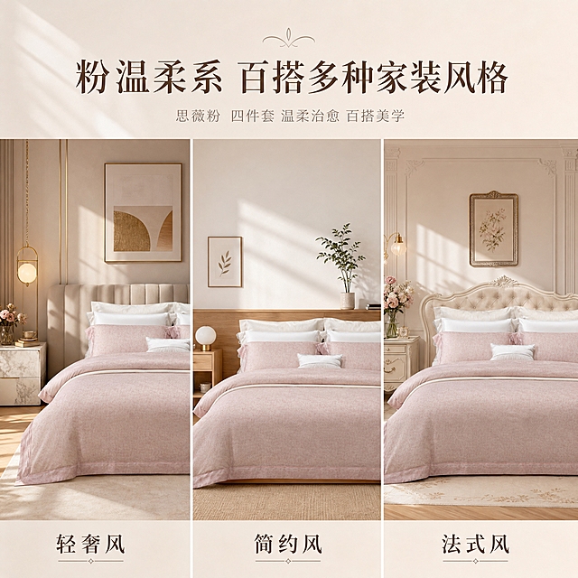 [主图-4] 粉温柔色系家装百搭展示图，突出产品色调高级柔和、优雅百搭，轻松适配轻奢、简约、法式等多种家装风格。
[统一基调] 轻奢小香风视觉，主色柔粉+奶白+浅咖金点缀，字体用优雅衬线体，标题字色深咖，辅助字色浅灰咖，整体暖调自然光。
[画面] 画面采用三格横向拼图版式，每格展示同一款四件套在不同家装风格中的卧室场景：左格为「轻奢风」卧室，背景有金属吊灯、大理石床头柜、艺术挂画；中格为「简约风」卧室，背景为原木家具、白墙、绿植，干净利落；右格为「法式风」卧室，背景有石膏线条、复古边柜、花艺装饰。每格中的床品均为同款思薇粉温柔系四件套，保持产品外观一致，仅背景家装风格不同。三格之间用细白色线条分隔，整体构图均衡。
[光影质感] 每格均为暖调自然光，午后慵懒光斑，床品面料质感统一，融入各自场景自然真实，无悬浮感。
[配色] 每格主色均为柔粉床品+奶白枕套，背景分别对应轻奢金调、简约木调、法式奶白调，整体色调和谐统一。
[文字版式] 画面顶部居中大标题「粉温柔系 百搭多种家装风格」，字号大且优雅。每格下方分别标注对应风格名称：「轻奢风」「简约风」「法式风」，文字为深咖色衬线体，放在每格底部居中位置，不遮挡床品。
[输出要求] 1:1正方形，2048px，三格拼图整齐，产品外观一致，文字清晰，无水印无平台logo。负向：产品颜色不一致、拼图错位、错字、模糊、水印、平台logo。