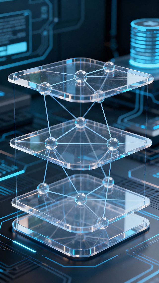 Distributed ledger architecture background, interconnected nodes and validation layers, transparent system layers, technical diagram style visualization, futuristic blockchain infrastructure, clean and professional, no symbols, no text, vertical 9:16