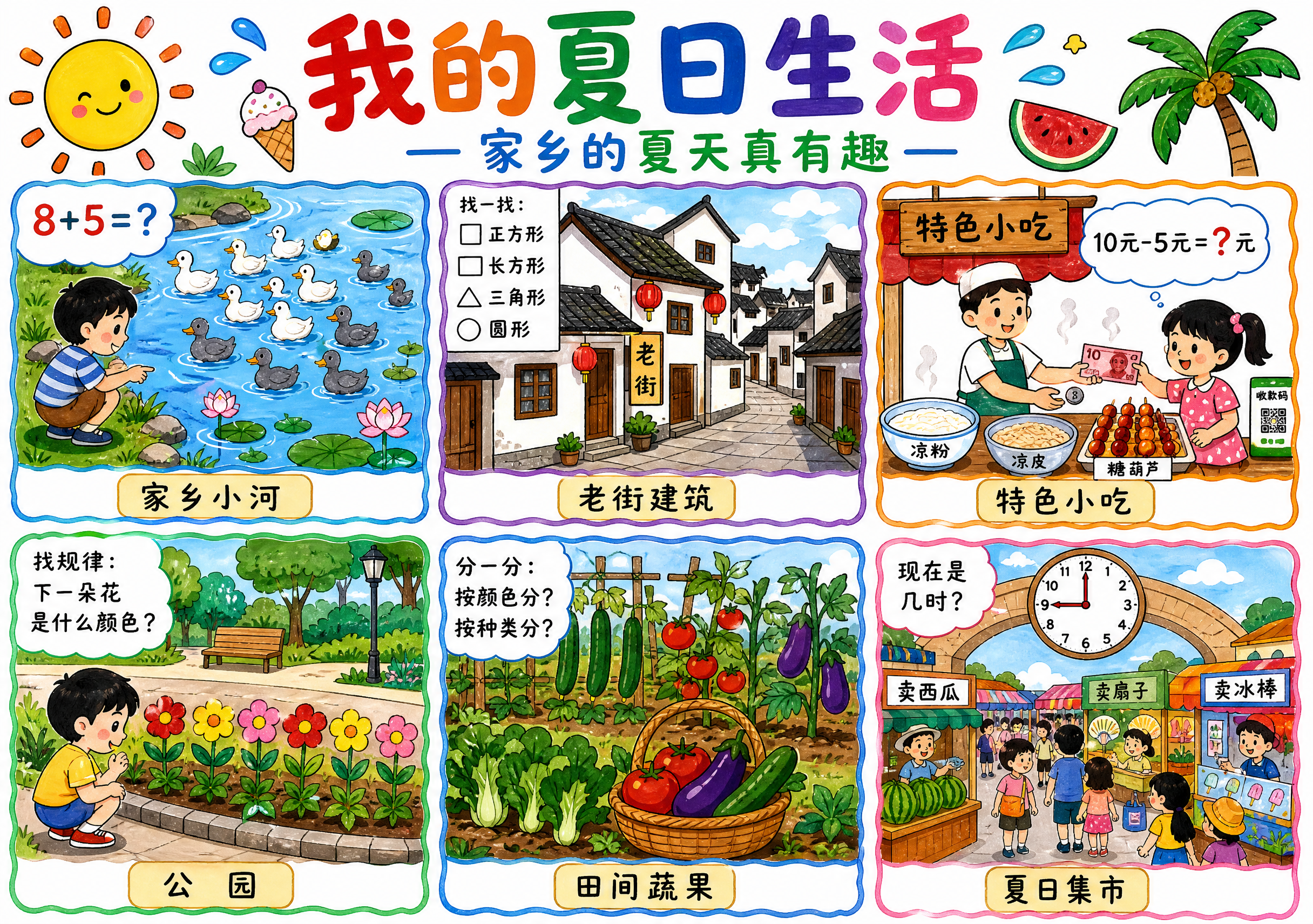 一张A4横版连环画手抄报，标题为"我的夏日生活"，副标题"家乡… - 图片创意预览
