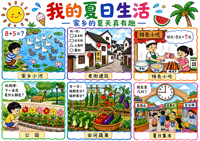一张A4横版连环画手抄报，标题为"我的夏日生活"，副标题"家乡的夏天真有趣"。马克笔手绘风格，纯白色背景，色彩明快鲜艳，童趣可爱。画面分为6个等大的方格，呈2行3列排列，每格有手绘边框，每格下方标注小标题。

第1格（左上）小标题"家乡小河"：清澈的小河边，一个小男孩在数河里的鸭子，河里有8只白鸭子和5只灰鸭子，水面上飘着荷叶和荷花。画面角落藏数学题"8+5=?"，融入20以内进位加法知识点。

第2格（中上）小标题"老街建筑"：一条古色古香的老街，有青瓦白墙的老房子，木门窗，挂着红灯笼。房子的窗户是正方形，门是长方形，屋顶是三角形，灯笼是圆形。画面角落标注"找一找：正方形、长方形、三角形、圆形"，融入认识图形知识点。

第3格（右上）小标题"特色小吃"：街边小吃摊，冒着热气，有凉粉、凉皮、糖葫芦等。一个小女孩拿着10元钱买一碗5元的凉粉，摊主找钱。画面标注"10元-5元=?元"，融入认识人民币和减法知识点。

第4格（左下）小标题"公园"：公园里的花坛，花朵按红、黄、粉、红、黄、粉的规律排列。小朋友蹲在花坛边观察。画面标注"找规律：下一朵花是什么颜色？"，融入找规律知识点。

第5格（中下）小标题"田间蔬果"：菜园里种着各种蔬菜，有西红柿（红色）、黄瓜（绿色）、茄子（紫色），有的在地上有的在架子上。一个篮子里装着采摘的蔬菜。画面标注"分一分：按颜色分？按种类分？"，融入分类与整理知识点。

第6格（右下）小标题"夏日集市"：热闹的夏日集市，人来人往，有卖西瓜的、卖扇子的、卖冰棒的。集市入口有一个大钟，时针指向9，分针指向12。画面标注"现在是几时？"，融入认识钟表（整时）知识点。

整体风格统一，马克笔涂色，线条清晰，人物形象可爱，每格的数学知识自然融入场景中，不生硬。顶部大标题用粗马克笔艺术字书写，四周有简单的夏日装饰元素（太阳、冰淇淋、树叶等）。所有文字清晰可读。