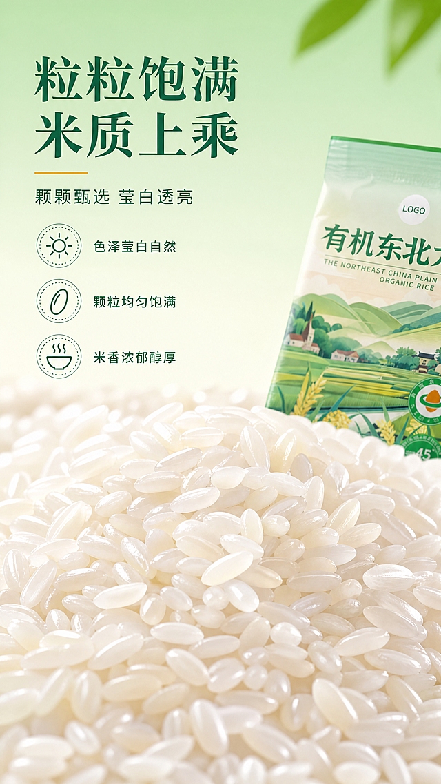 电商详情页米粒质地页，9:16竖版。微距特写白米颗粒，饱满莹白、粒粒分明、有自然通透光泽，铺满画面下半部分。上半部分浅绿渐变背景配文字。主标题"粒粒饱满 米质上乘"，副标题"颗颗甄选 莹白透亮"。三个卖点带小图标竖排：色泽莹白自然、颗粒均匀饱满、米香浓郁醇厚。右下角露出一小部分氢农真空包装袋。清新自然食品风，暖侧光，米粒质感真实，商业摄影级，手机端文字清晰。