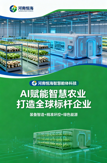 宣传单页正面设计，主标题："河南恒海智慧舱体科技"，副标题："AI赋能智慧农业 打造全球标杆企业"。顶部放置公司logo区域，中间展示模块化智慧方舱种植食用菌的现代科技感实景图，下方列出核心优势：装备预览效果