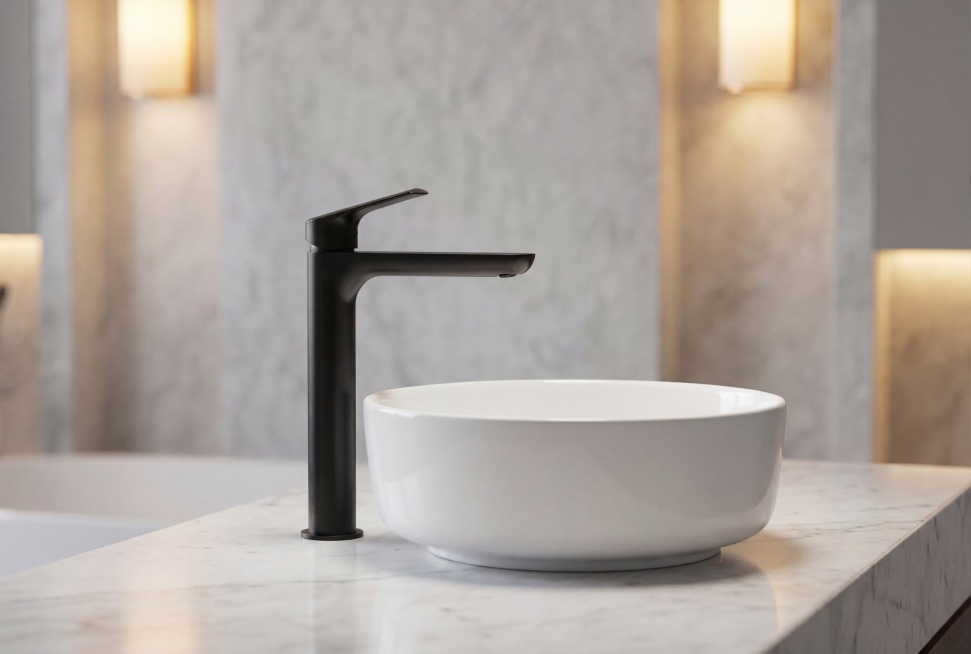 图生图，保持哑黑色水龙头主体物理结构不变，为其生成轻奢豪华酒店浴室场景，水龙头安装在白色陶瓷台上盆，放置在卡拉拉白色大理石台面，背景是带有 subtle 纹理的浅灰大理石墙面，搭配柔暖壁灯氛围感，使用预览效果