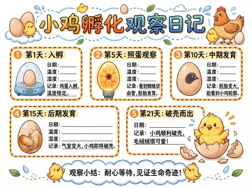 小鸡的孵化过程观察记录卡，参考原图马克笔手绘手抄报风格，尺寸297*210，分步骤记录小鸡每天的孵化变化，带有日期观察栏和文字记录区域，排版清晰可爱，卡通风格预览效果