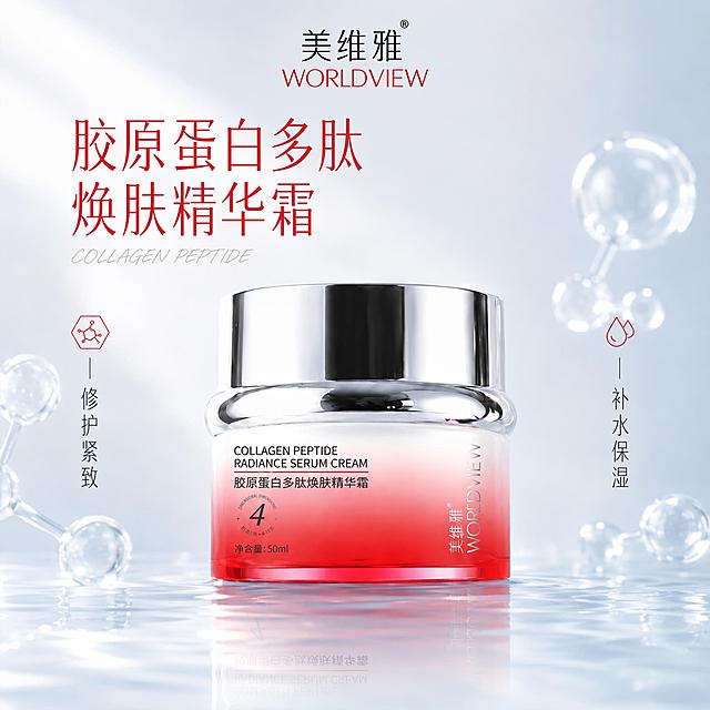 [单张主图] 商品名称为美维雅胶原蛋白多肽焕肤精华霜，走高级氛围感主图路线，适配抖音平台打造1:1比例高级电商主图。
[画面主体] 美维雅胶原蛋白多肽焕肤精华霜居中放置，保持产品外观（物理结构、材质质感、渐变红瓶身、银瓶盖、文字信息、品牌Logo）与输入产品图绝对一致，杜绝任何变形和色差，精细化处理。商品主体占画面比例约为45%，完整不裁切。
[构图版式] 采用中轴诗意氛围型版式：顶部居中放置品牌Logo美维雅 WORLDVIEW，产品居中略下位置，占比35%-55%，底部用浅灰色反光水面承托产品，主标题置于产品上方左上偏中位置，左右两侧竖排短卖点。
[场景元素] 背景为浅灰蓝色渐变留白，加入透明发光的3D胶原蛋白分子球点缀在画面左右两侧，营造科技护肤氛围，水分子元素不遮挡产品主体和文字区域。底部产品放置在光滑反光的浅水面上，带有细腻水波纹光影。
[文案版式] 顶部居中放品牌"美维雅 WORLDVIEW"，产品上方左上偏中用大号字分行排版"胶原蛋白多肽焕肤精华霜"，左右两侧竖排卖点：左侧"修护紧致"，右侧"补水保湿"，每个卖点旁搭配简约线稿图标。主标题旁添加小号英文手写体"COLLAGEN PEPTIDE"作为装饰。所有文字放在自然留白区域，不遮挡产品主体。
[光影质感] 采用柔和自然窗光，主光从左前方斜射，勾勒产品轮廓和瓶身渐变红色通透感，高光处理瓶盖金属质感，瓶身红色渐变柔和透亮，水面带有柔和反光和淡淡的产品投影，背景浅景深虚化，整体通透水润，高级商业摄影质感。
[配色字体] 主色浅灰蓝低饱和，辅助色提取产品红渐变，强调色为产品本身的正红色，字体选择细轻无衬线字体，字重克制，主标题字号最大，卖点字号较小，对比清晰。
[比例分辨率] 1:1比例，2K分辨率，文字清晰可辨，超高清商业摄影质感。
[负向提示词] 变形，文字错乱，产品图模糊，背景杂乱，水印，电商平台Logo，错字，主体遮挡，低清晰度，错误结构。