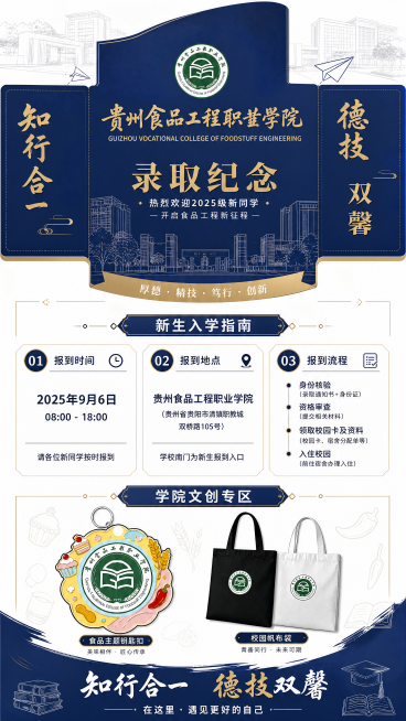 贵州食品工程职业学院新生报到打卡墙，录取文创展板，整体风格为现代简约+学院风，主色调藏蓝色为主、金色/白色为辅，视觉层次分明。主视觉以图1录取通知书三折信封为底版，展开呈现完整版式，正面突出"贵州食品预览效果